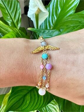 Handmade MULTI GEMSTONE Guardian Angel GOLD 3 Strand Bracelet